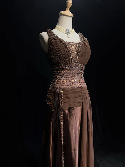 Vintage Prom Dresses Mermaid Chocolate Chiffon V Neck With Beading Long Formal Dress N2453