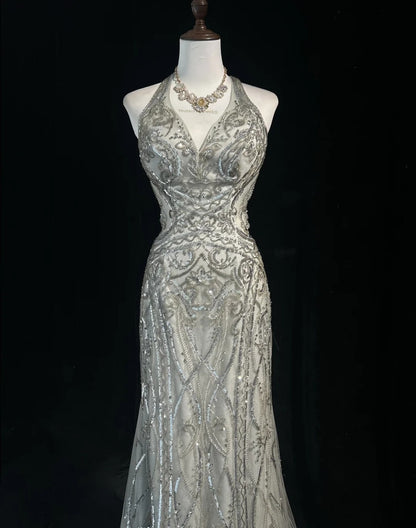 Vintage Prom Dresses Inspo Mermaid Halter Silver Gray Sequin 80s With Backless Formal Gowns N3369