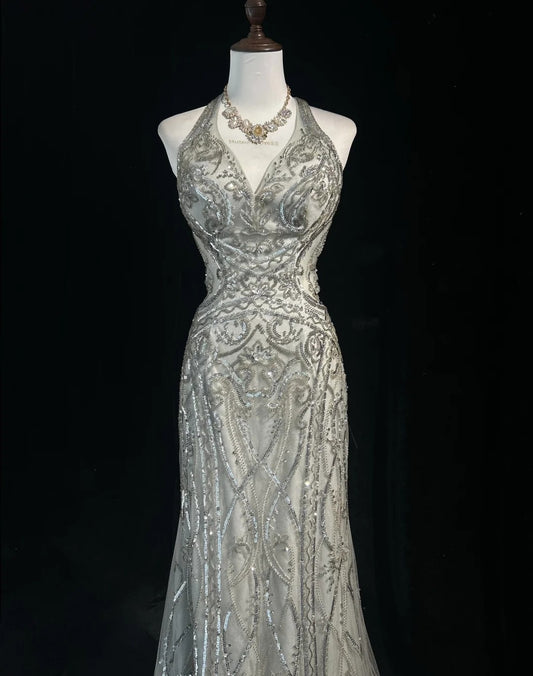 Vintage Prom Dresses Inspo Mermaid Halter Silver Gray Sequin 80s With Backless Formal Gowns N3369