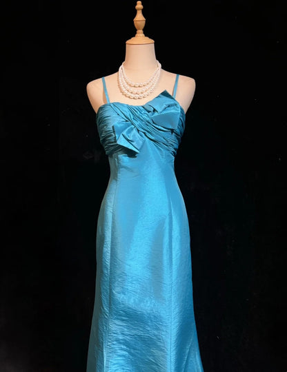 Vintage Prom Dresses Mermaid Spaghetti Straps Blue Taffeta 2000s Party Evening Formal Gown RC1138
