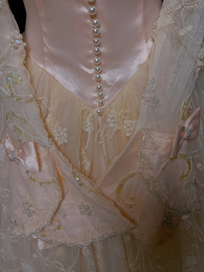 Princess Prom Dresses Ball Gown V Neck Pink Lace With Long Sleeves With Pearls Formal Evening Outfits N3878