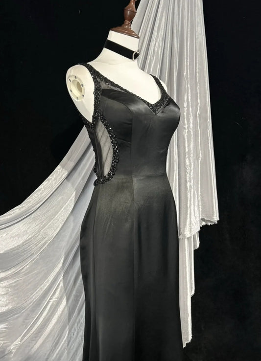 Vintage Prom Dresses Mermaid V Neck Black Satin With Beading Backless Long Formal Dress N2508