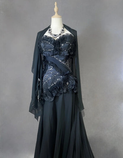 Vintage Prom Dresses Mermaid Sweetheart Black Tie Dress Chiffon With Beading 1980s Long Formal Gown N2621