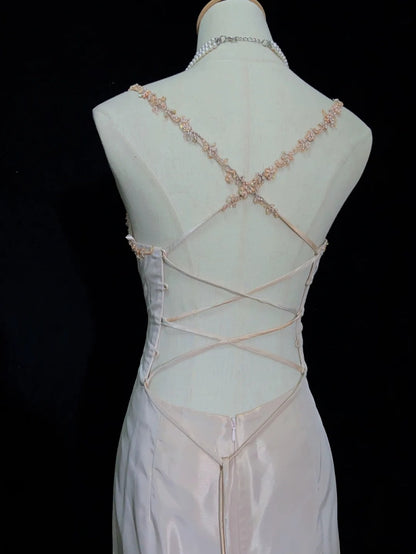 Vintage Prom Dresses Inspo Mermaid Spaghetti Strap Blush Pink Satin With Backless Appliqued Lace For Women Formal Dress N3251
