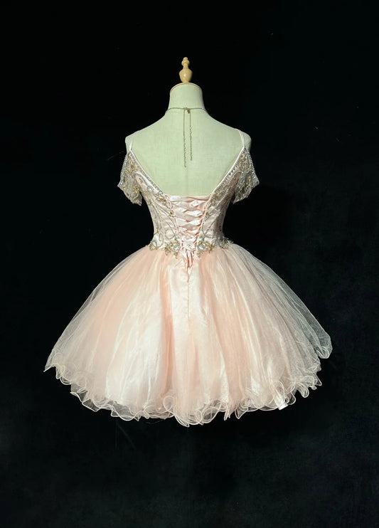 Princess Ball Gown Spaghetti Strap Blush Pink Tulle Short Homecoming Dresses Hoco Gowns N3058