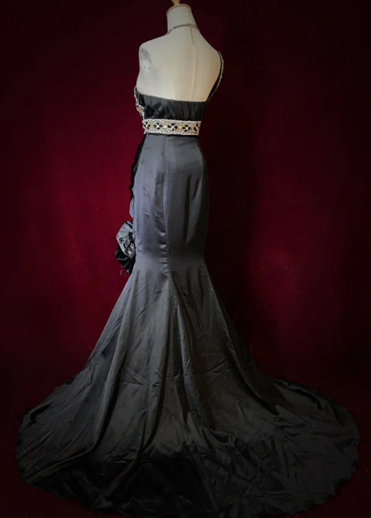 Vintage Prom Dresses Mermaid One Shoulder Black Tie Satin 80s With Beading Long Formal Evening Outfits N3905