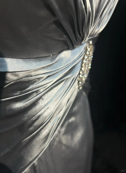 Vintage Prom Dresses 2000s A line Halter Silver Gray With Ruffle Long Prom Gown N3028
