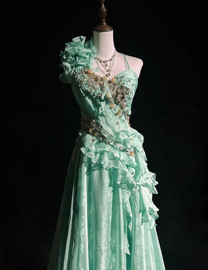 Vintage Prom Dresses A Line One Shoulder Mint Green 70s With Ruffles Chiffon Long Formal Party Dress N2525
