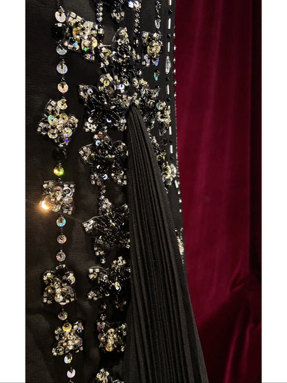 Vintage Prom Dresses 90s Mermaid Spaghetti Strap Black Tie With Silver Beading Long Semi Formal Evening Dress N3666