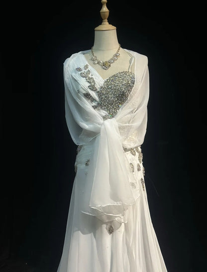 Vintage 90s Prom Dresses Mermaid White Chiffon With Ruffled Silver Beads Long Prom Gown With Cape N3035