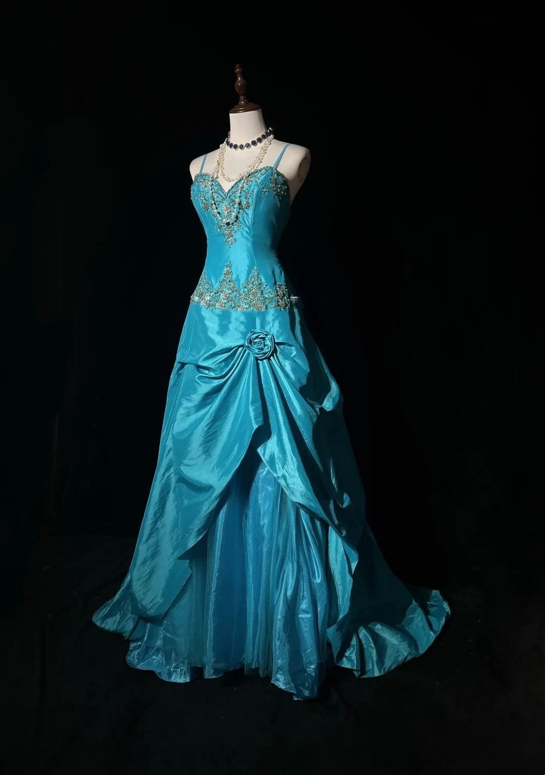 Vintage Prom Dresses Aesthetic 80s Retro Ball Gown Spaghetti Strap Blue Taffeta Floor Length Evening Outfits N2329