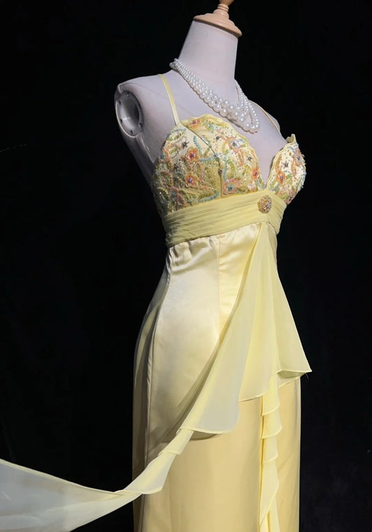 Stunning Prom Dresses Mermaid Spaghetti Strap Yellow Sleeveless Chiffon Long Formal Gown N2870