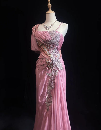 Vintage Prom Dresses Mermaid Pink Chiffon With Beading Applique 1970s Long Formal Gown N2620