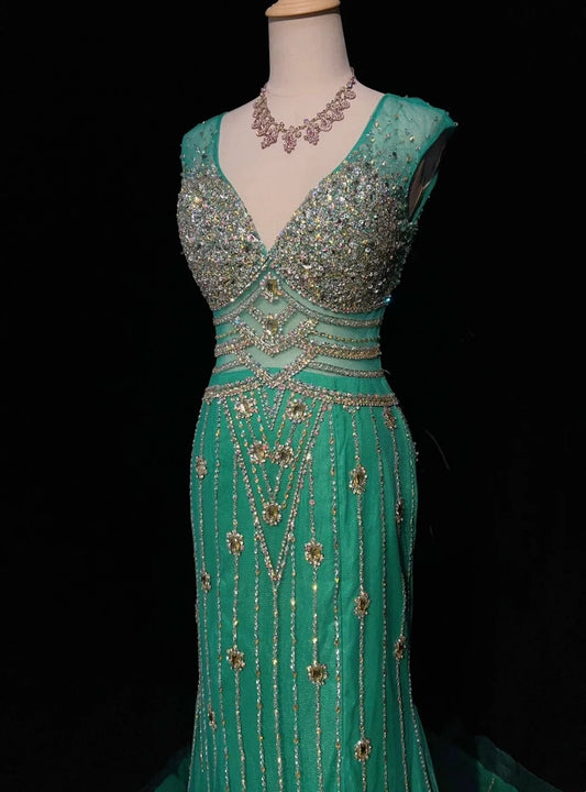 Glamorous Prom Dresses Mermaid V Neck Green Tulle Backless With Beaded Formal Dress N2872