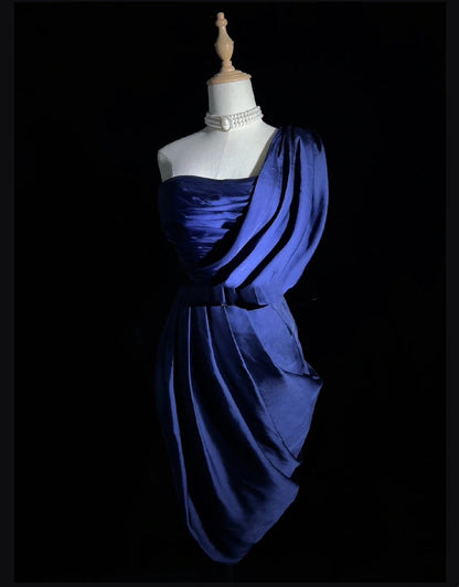 Modest Sheath One Shoulder Navy Blue Satin Ideas For Women Short Birthday Dresses Mini Homecoming Outfits N3282