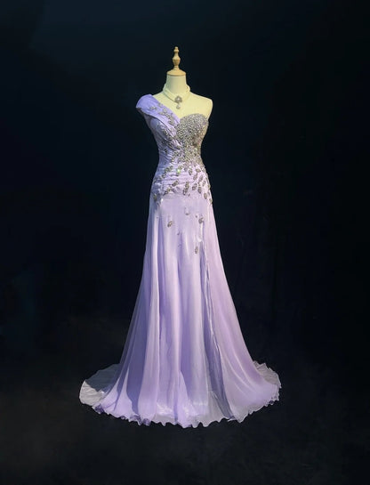 Elegant A Line One Shoulder Lilac Chiffon With Silver Beaded Bodice Formal Dress Long Prom Dresses N2725