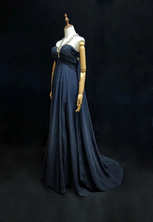 Vintage Prom Dresses A line Halter Navy Blue Chiffon With Beading 1970s Long Formal Gown N2615