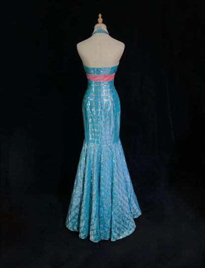Vintage Prom Dresses Mermaid V Neck Blue Sequin Sleeveless 1980s Long Formal Gown N2866