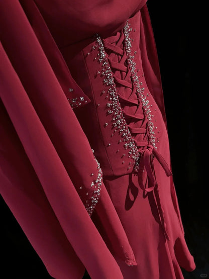 Retro Sheath Spaghetti Straps Red Irregular Tea Length Chiffon With Cape Prom Dresses Formal Party Outfits RB3953