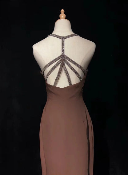 Vintage Prom Dresses Sheath Spaghetti Straps Slit Chocolate 2000s Party Evening Formal Gown RC1137