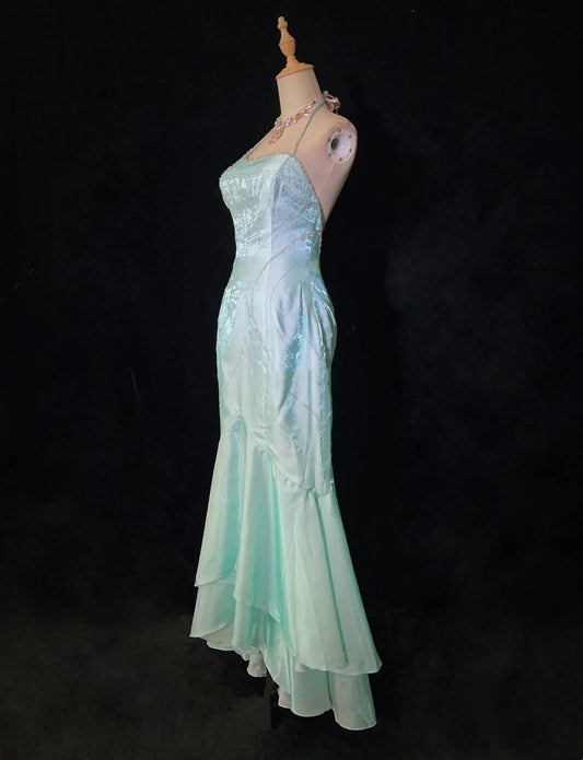 Vintage Prom Dresses 80s Mermaid Halter Blue Sleeveless With Cape Beading Semi Formal Evening Outfits N3616