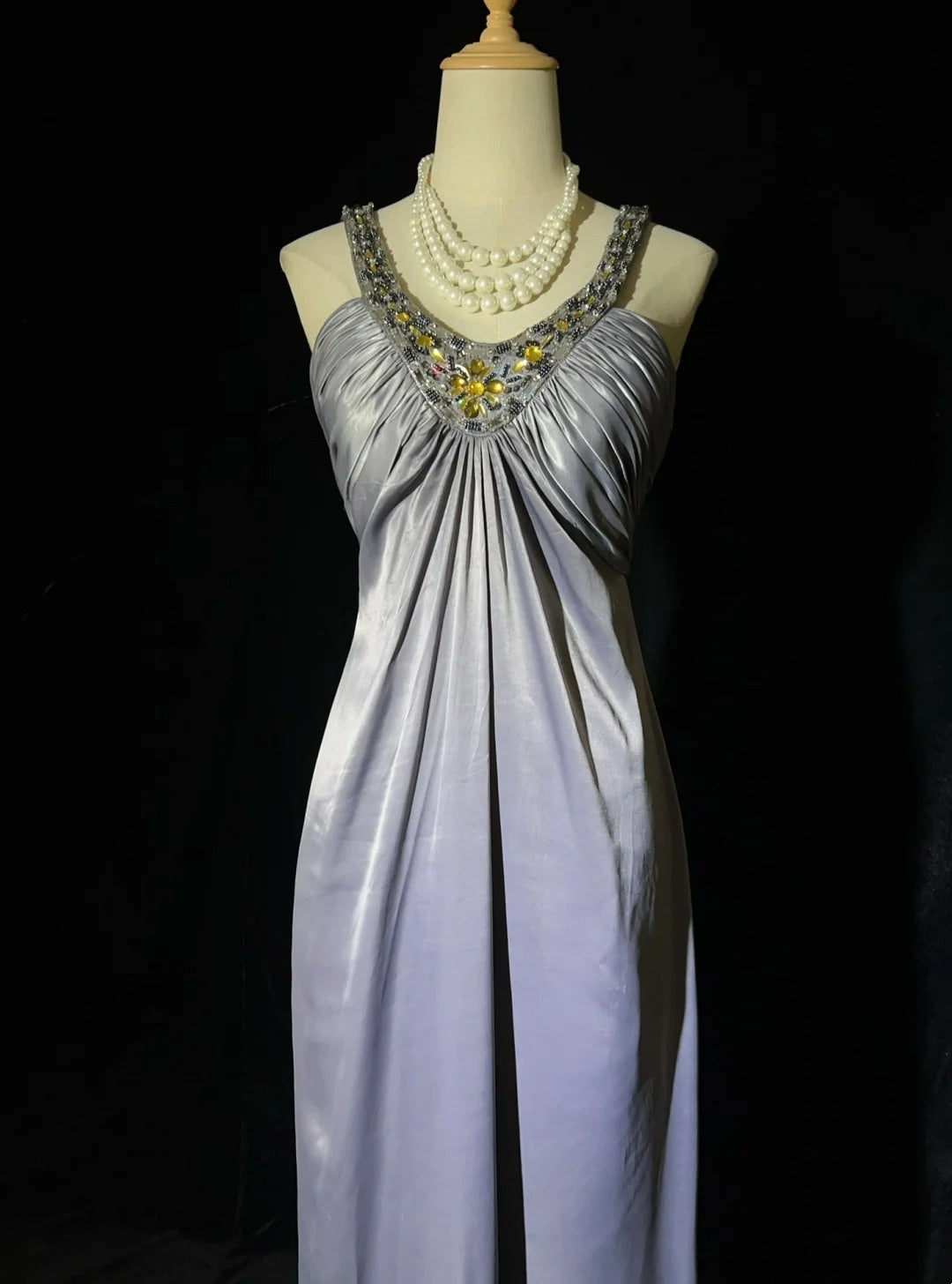 Vintage Prom Dresses Inspo A Line Halter Grey Long 1990s With Gold Beading Formal Gowns N3326