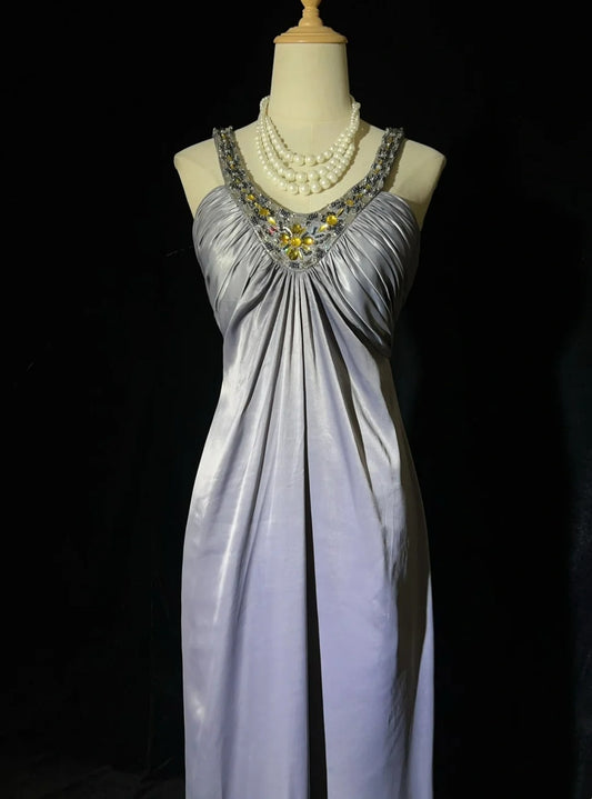 Vintage Prom Dresses Inspo A Line Halter Grey Long 1990s With Gold Beading Formal Gowns N3326