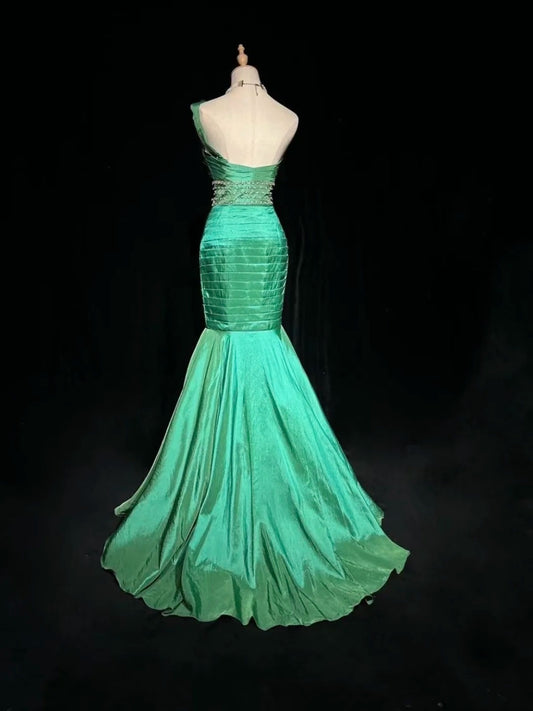 Vintage Prom Dresses Mermaid One Shoulder Green Pleated 90s Long Formal Evening Gown N2647