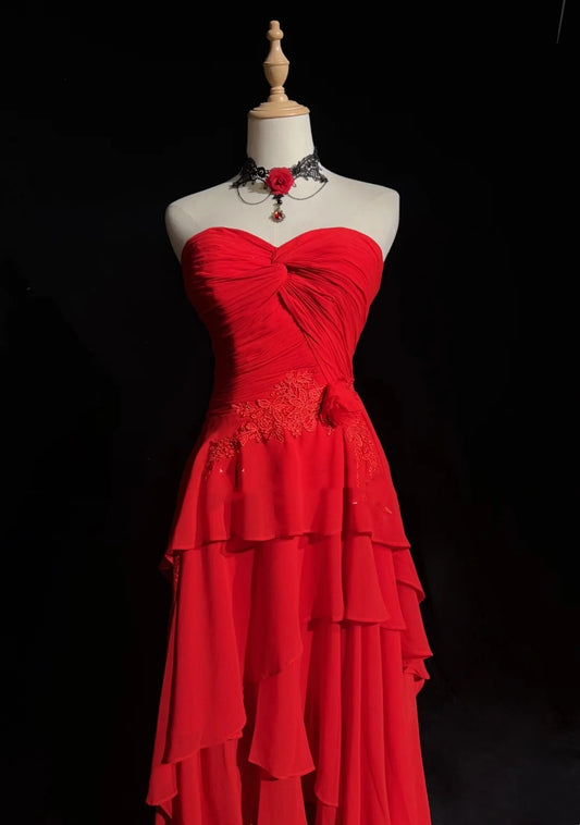 Vintage Prom Dresses A Line Sweetheart Red 70s With Ruffles Chiffon Long Formal Party Dress N2524