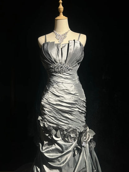 Beautiful Prom Dresses Mermaid Spaghetti Strap Silver Gray With Flowers Long Formal Evening Outfits N3684