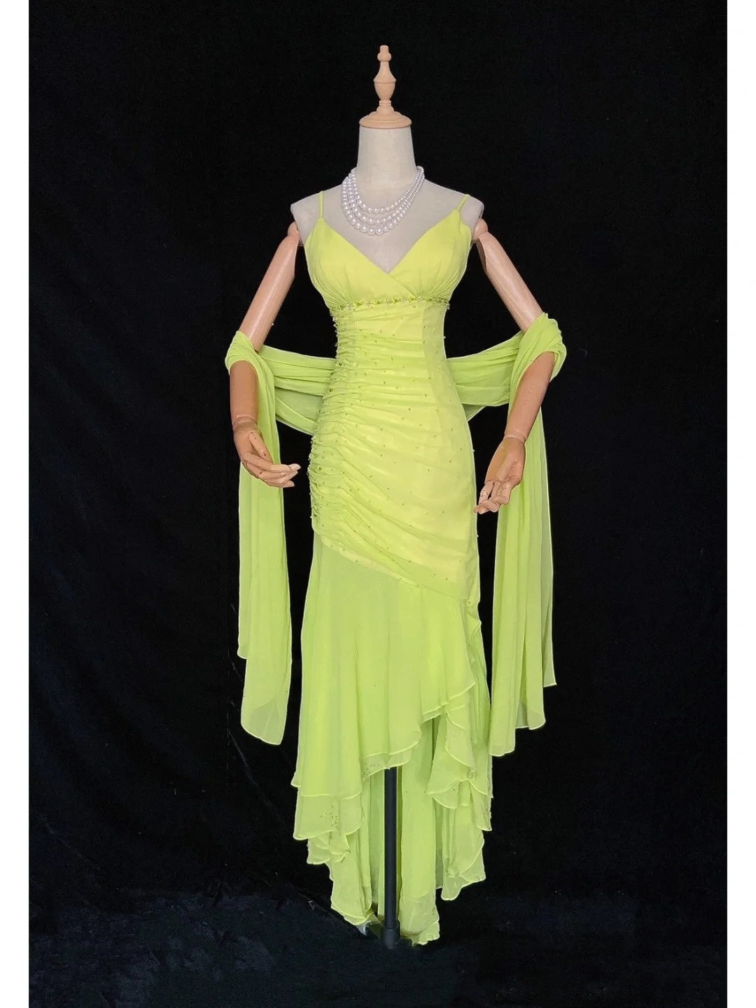 Vintage Prom Dresses 80s Mermaid Spaghetti Strap Green Chiffon Tea Length Evening Outfits N3456