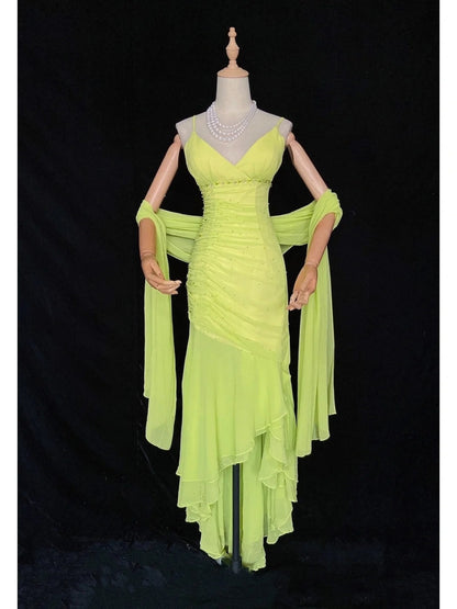 Vintage Prom Dresses 80s Mermaid Spaghetti Strap Green Chiffon Tea Length Evening Outfits N3456