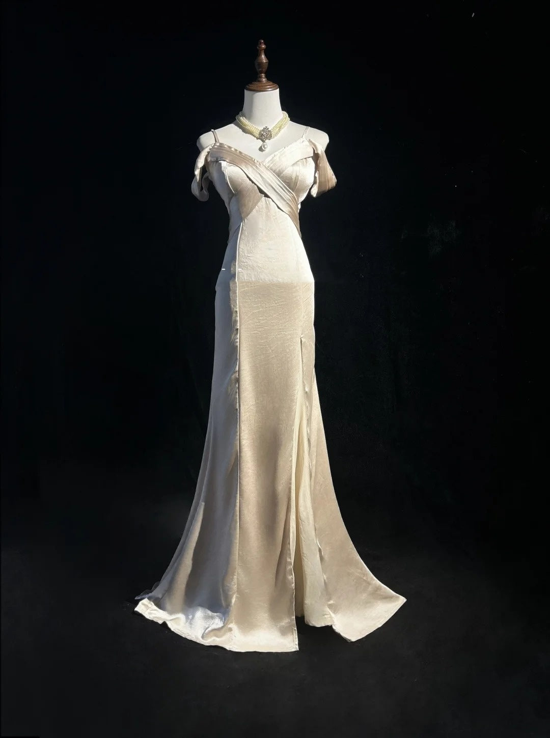 Vintage Prom Dresses 80s Mermaid Spaghetti Strap Champagne Satin Floor Length Evening Outfits N3458