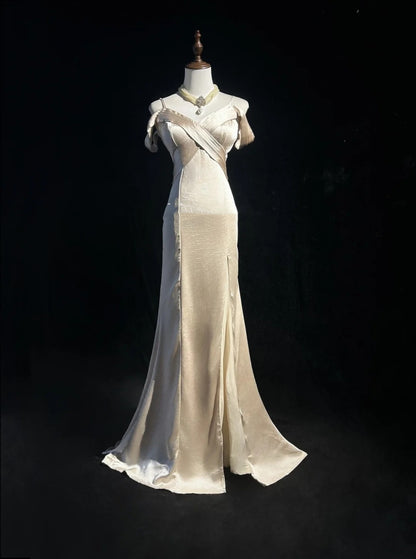 Vintage Prom Dresses 80s Mermaid Spaghetti Strap Champagne Satin Floor Length Evening Outfits N3458