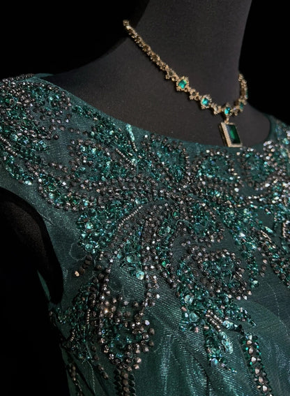 Vintage Prom Dresses A line Scoop Dark Green Tulle With Beading 90s Formal Gown N2590