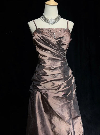 Vintage Prom Dresses Ball Gown Spaghetti Strap Beaded Sleeveless Taffeta 90s Long Formal Gown N2879