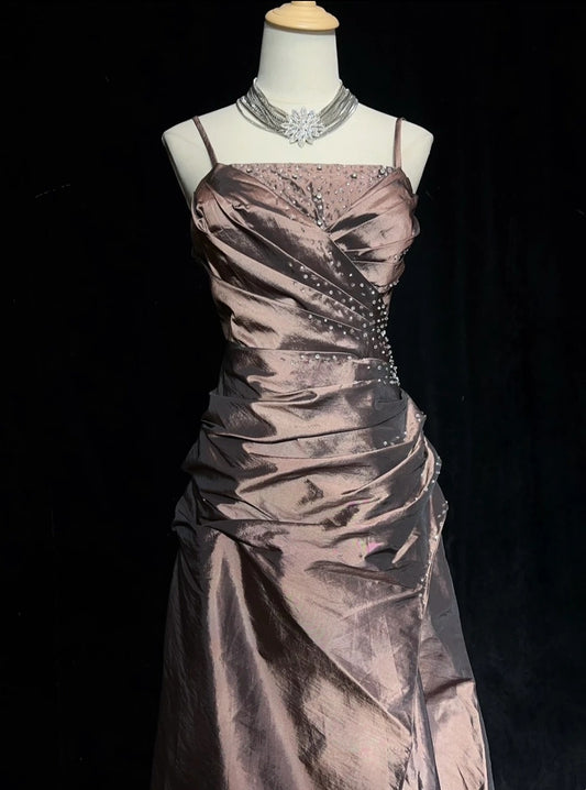 Vintage Prom Dresses Ball Gown Spaghetti Strap Beaded Sleeveless Taffeta 90s Long Formal Gown N2879