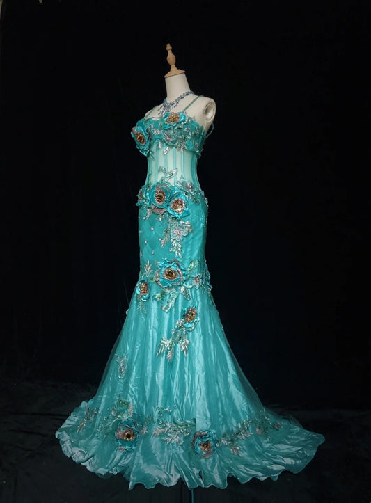 Modest Prom Dresses Mermaid Spaghetti Strap Blue Tulle Sleeveless Long Formal Evening Outfits N3637