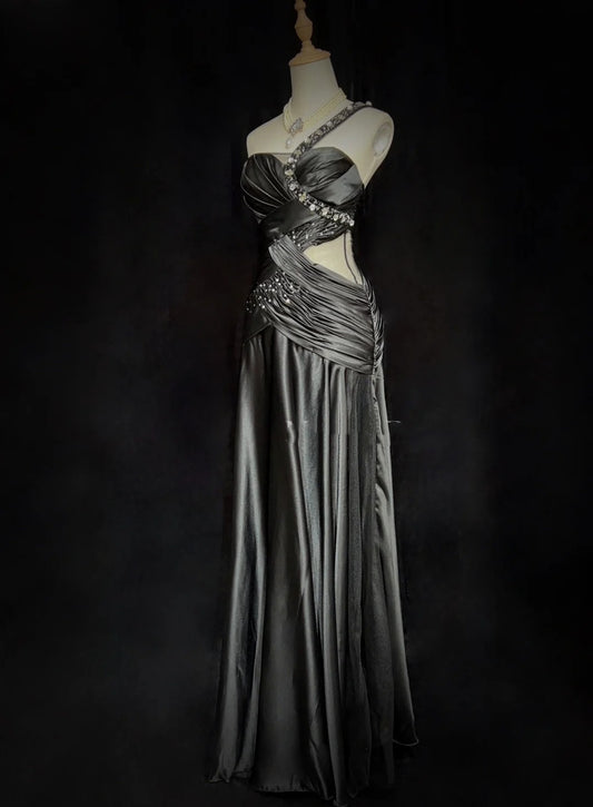 Vintage Prom Dresses 80s Mermaid One Shoulder Black Tie Dress With Beading Semi Formal Evening Outfits N3636