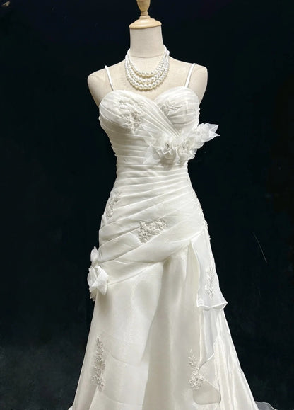 Wedding Dress Timeless Mermaid Spaghetti Straps White With Ruffled Floor Length Bridal Gown RC1151