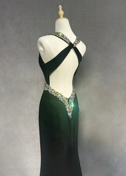 Vintage Prom Dresses Mermaid Halter Black Tie Dress Satin 70s With Beading Backless Long Formal Gown N2519