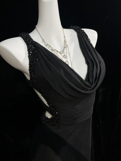 Black Prom Dress Inspo Mermaid Cowl Neck Backless With Beading 18th Birthday Outfits Formal Party Gown RC0127
