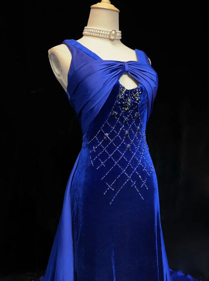 Vintage Prom Dresses Mermaid Royal Blue Velvet Sleeveless With Beading 90s Long Formal Gown N2902