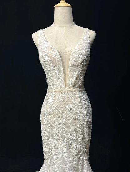 Sparkly Wedding Dresses Mermaid V Neck Ivory Lace Long Brides Dress Bridal Gown N2930