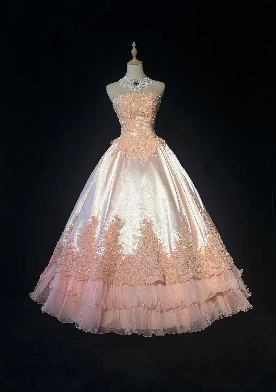Strapless Pink Lace Appliques Ball Gown Quinceanera Dress, Sweet 15 Birthday Formal Dress RC0079