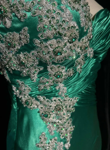 Vintage Prom Dresses A line One Shoulder Green Satin 70s With Appliques Lace Long Formal Gown N2529