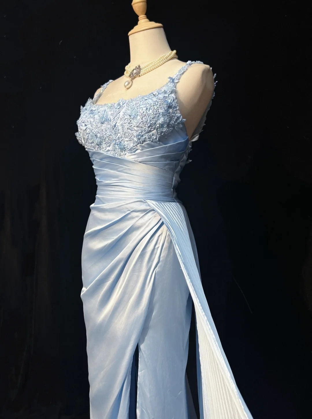 Light Sky Blue Prom Dress Inspo Mermaid Straps With Appliqued Slit Modest Long Formal Party Gown RC0082
