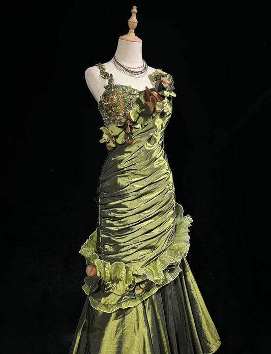 Vintage Prom Dresses Mermaid Olive Green Satin With Beading 90s Long Formal Gown N2591