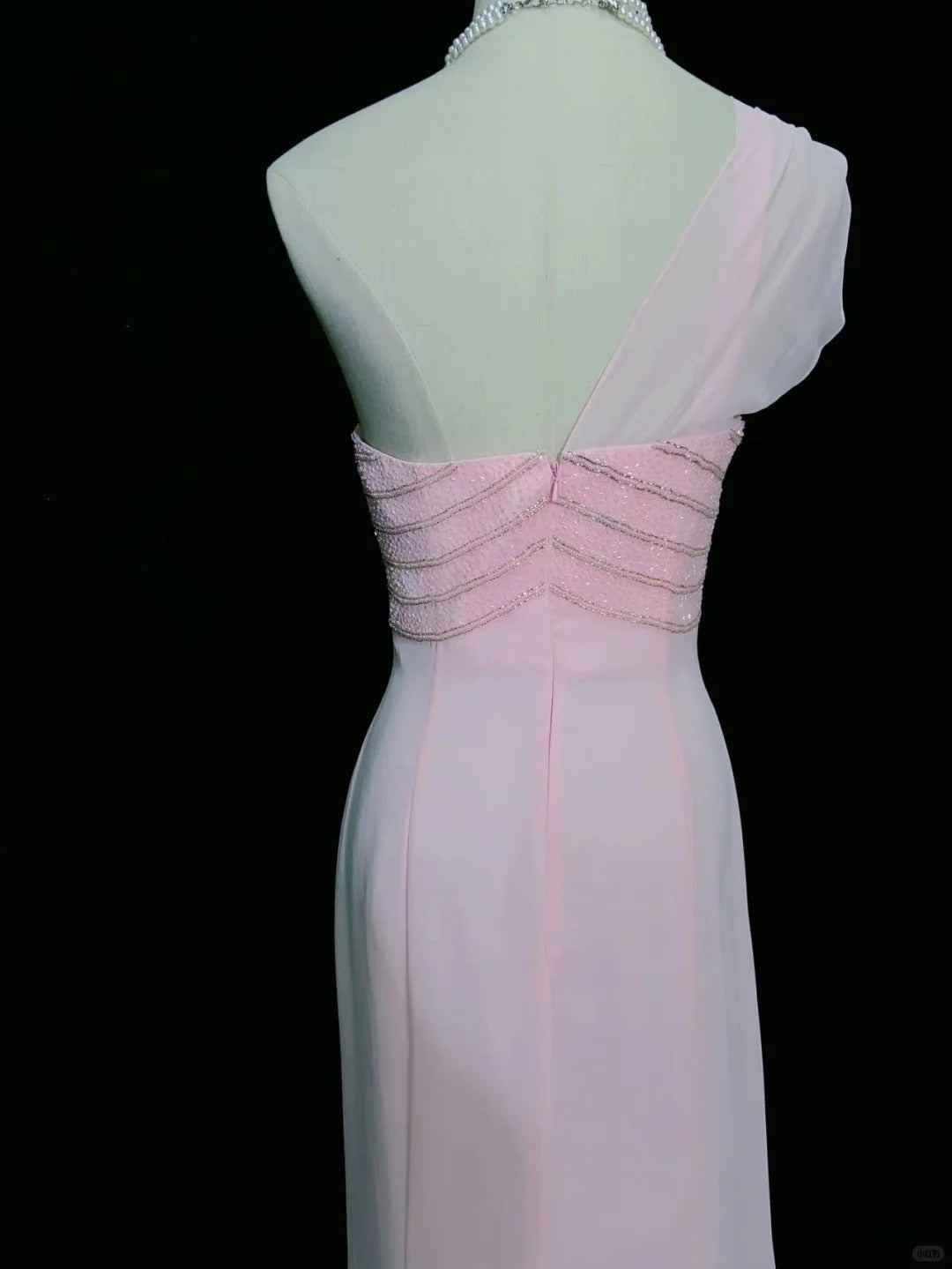 Vintage Prom Dresses 80s Mermaid One Shoulder Pink Chiffon Sleeveless With Beading Semi Formal Evening Outfits N3620