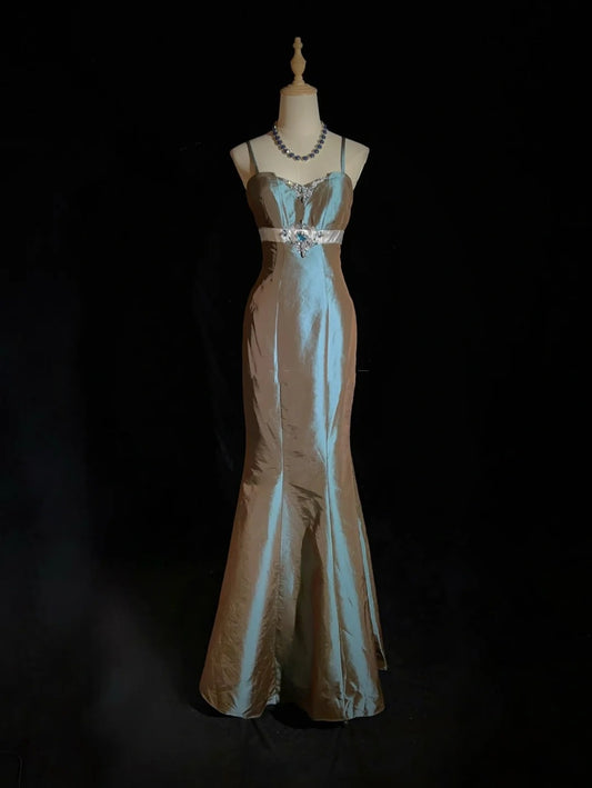 Dreamy 90s Prom Dresses Mermaid Spaghetti Strap Satin With Beading Formal Evening Outfits N3825